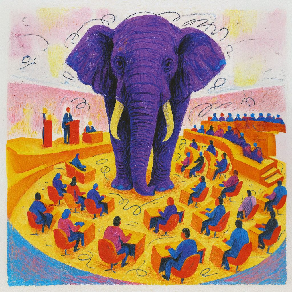 Paarse olifant in een politieke debatzaal, als metafoor voor het negeren van een groot probleem.