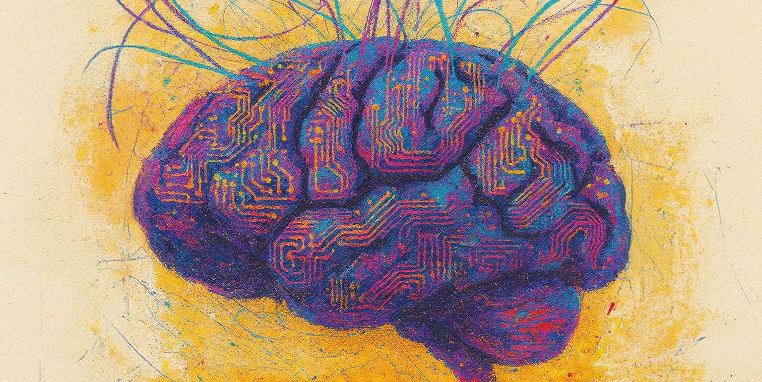 Conceptual editorial illustration by Teis Albers titled “Brain Navigation” – a person steering a ship’s wheel on top of a brain, symbolizing self-guidance, focus, and mental direction.