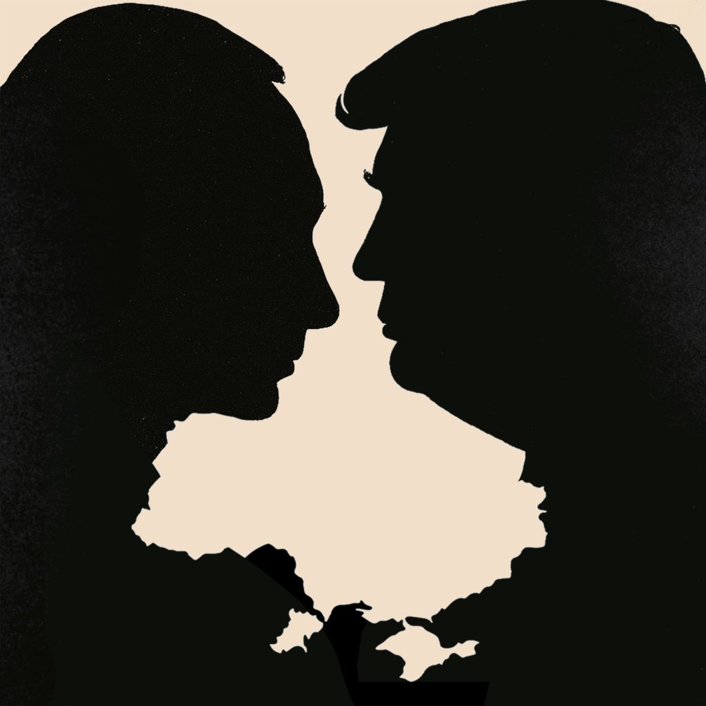 Silhouetten van twee mannenkoppen tegenover elkaar, met de contouren van Oekraïne zichtbaar in de negatieve ruimte tussen hen.