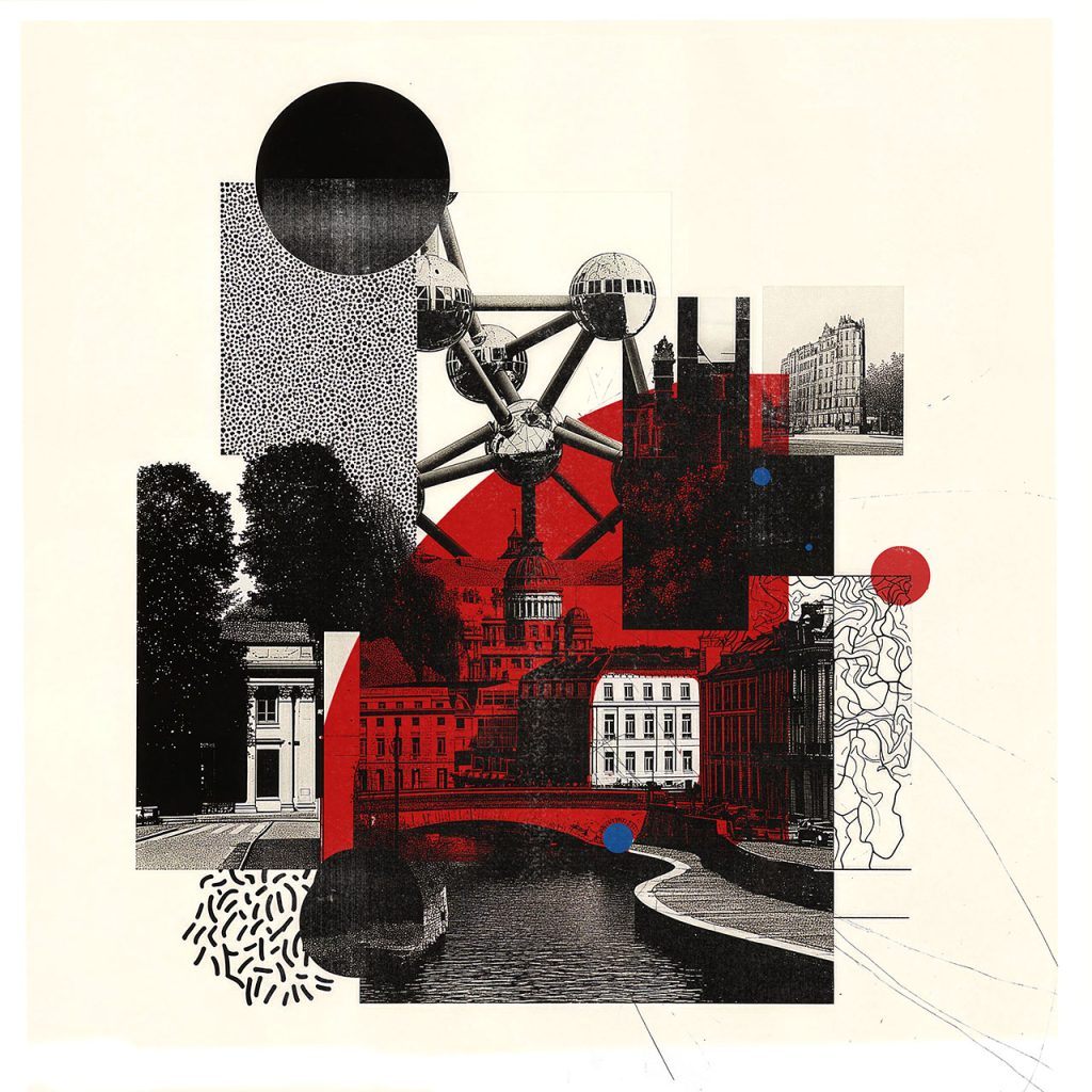 Editorial collage illustration of Brussels with Atomium, city architecture and abstract red and black graphic shapes