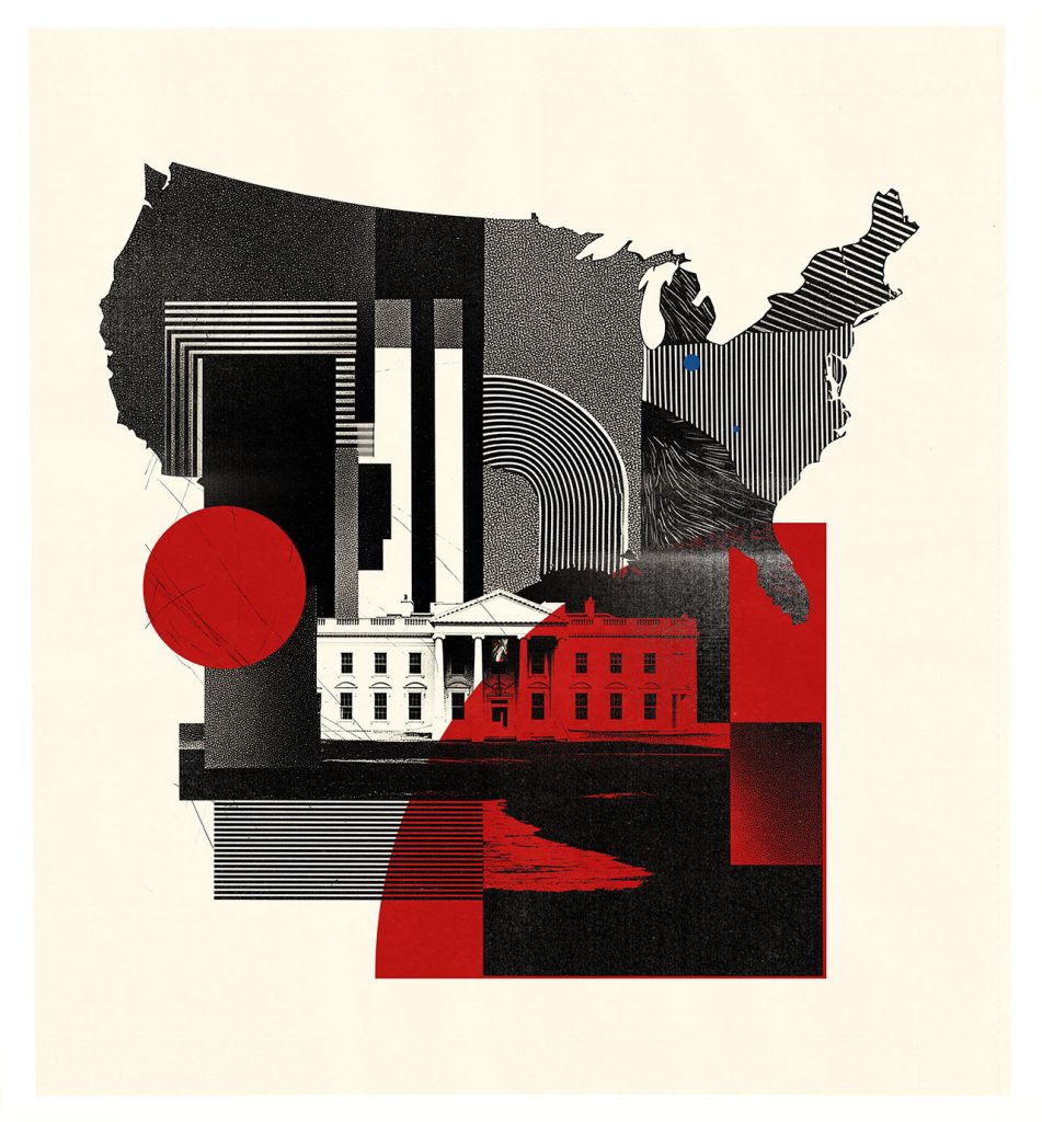 Editorial collage illustration of the United States map with the White House and abstract red and black shapes