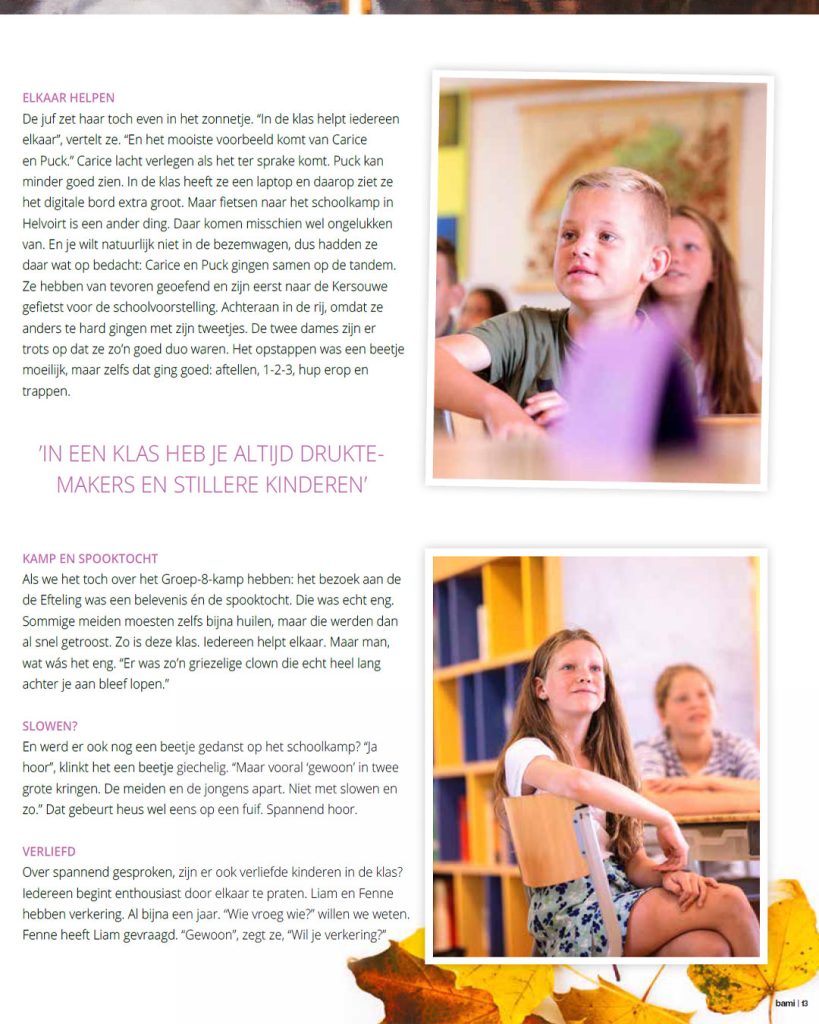 Tweeluik van schoolkinderen in de klas. Boven: een jongen luistert aandachtig. Onder: een meisje zit ontspannen op haar stoel. Redactionele reportagefotografie voor BAMI magazine bij een artikel over groep 8, schoolkamp en vriendschap.